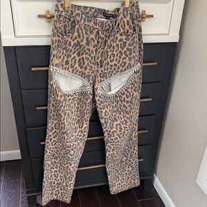 Good American Leopard Print Straight Leg Jeans with Rhinestone Pocket Trim